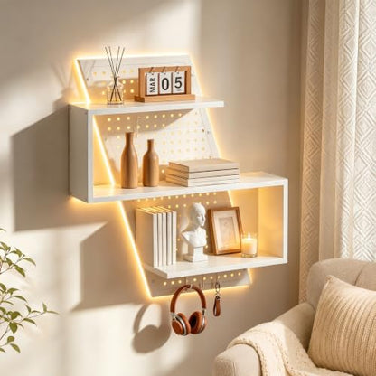 S-Shaped Gaming Floating Shelf with LED Light Strip, 3 Tier Wall Floating Shelf with Pegboard & 4 Removable Hooks, for Bedroom, Game Room, Living Room, Study, White - color: White