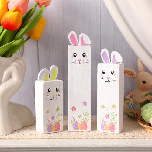 BBTO 3 Pcs Easter Table Decor Bunny Wooden Tiered Tray Decor Rabbit Tabletop Decoration Block Sign Table Centerpiece for Spring Home Decoration Home Shelf Office Kitchen Desk Party Supply(Bunny) - style: Bunny