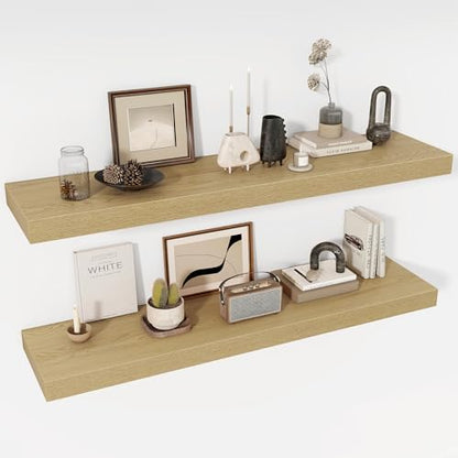 Acovy 48 Inch Floating Shelves, 12" Deep Floating Shelf Wall Mounted, 48" Wall Shelves, Rustic Deep Bookshelf, Extra Deeper & Thicker Display Shelves for Bedroom, Living Room, Oak, Set of 2 - color: Oak, size: 12"Wx48"L-2pcs