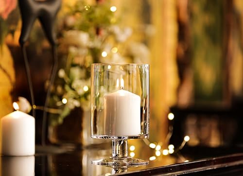 CYS EXCEL Glass Hurricane Pillar Candle Holder (H:8" W:4.75") | Multiple Size Choices Short Stem Candle Centerpieces | Stemmed Glass Cylinder Candle Vase - size: H-8" W-4.75"