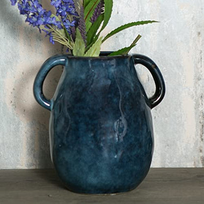 Tanvecle Blue Ceramic Vase with Handles, 7" Modern Farmhouse Decor - color: Blue