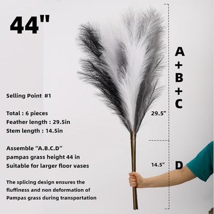 Pampas Grass Decor Tall 6 Pcs 44''/3.7ft Fluffy Large Pompas Grass for Floor Vase Fillers Wedding Living Room Boho Decor Table Centerpiece(Black White Gray)