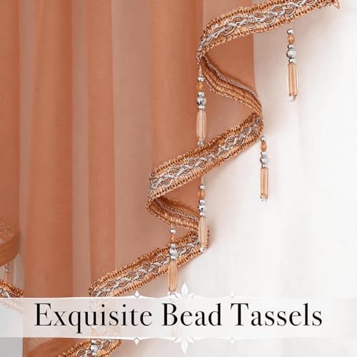 WUBODTI Brown Beaded Sheer Valance Curtains for Kitchen 3PCs, Rod Pocket Boho Crystal Beads Tassel Lace Swag Curtains Farmhouse Sheer Window Valance for Living Room Bedroom Bathroom, Each W51 x L24 - color: Brown