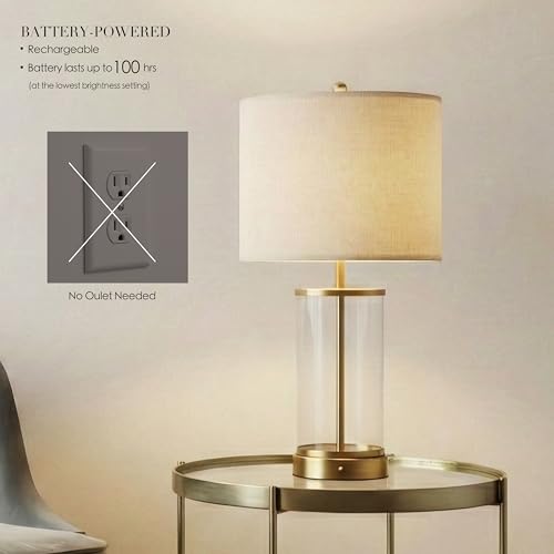 O’Bright Luma - Battery Powered Table Lamp, Cordless Glass Bedside Lamp with Rechargeable 10,000mAh Battery, Full Size 24 Inch Height, Touch Dimmer, Type-C Charging, Clear Glass Design, Antique Brass - color: Antique Brass, size: 24-inch