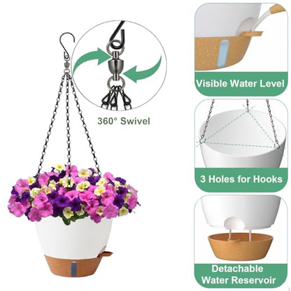 Heybe 3 Pack Self Watering Hanging Planters with Swivel Hanging Chains 20 Inches, 10/9/8 Inch Pots for Indoor Outdoor Plants, White - size: 10/9/8 Inch
