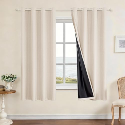 Faux Linen 100% Blackout Curtains, 42" W x 63" L (2 Panels) - color: Beige, size: 42"W x 63"L (Pack of 2)