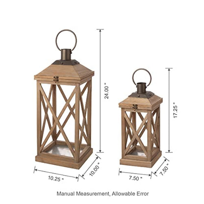Glitzhome Set of 2 Mondern Farmhouse Wood Metal Decorative Lanterns Hanging Candle Lanterns,Natural (No Glass) - color: Brown