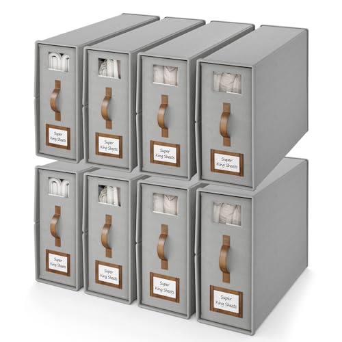8 Pack Foldable Bed Sheets Set Organizers and Storage(Cal King Size),Linen Fabric Closet Organizers with Window,Folding Bedding Storage Box for Bedsheets and Pillow Cube Organizer-Gray - color: Gray, size: 8 Pack-Cal King Size-5.2 Gal