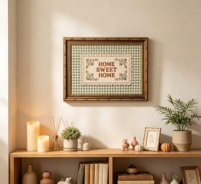 Gold Framed Home Sweet Home Wall Art,Embroidered Style Green Gingham Canvas - color: Home Sweet Home, size: 11"LX9"W