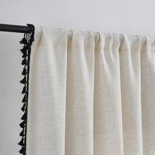 Boho Country Style Curtains, W40 x L96, Black Tassels, 2 Panels - color: Black, size: 40"W x 96"L (Pack of 2)