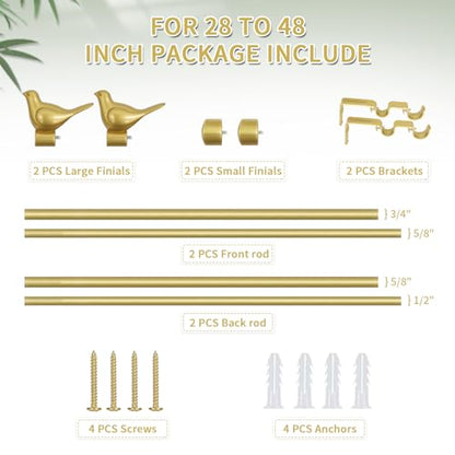 3/4" Diameter Farmhouse Double Window Treatment Curtain Rod, Bird Finials (28"-48", Gold) - color: Gold, size: 28"-48"