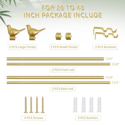 3/4" Diameter Farmhouse Double Window Treatment Curtain Rod, Bird Finials (28"-48", Gold) - color: Gold, size: 28"-48"