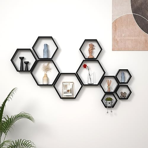 WONFUlity Hexagon Floating Shelves, Hexagonal Shelf Wall Mounted Storage - color: Black, size: 5PC