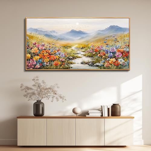 Nature Landscape Wall Art for Bedroom, Sunset Wildflowers Pictures 20X40 In - color: Flower Watercolour Painting Wood Framed, size: 40"L x 20"W