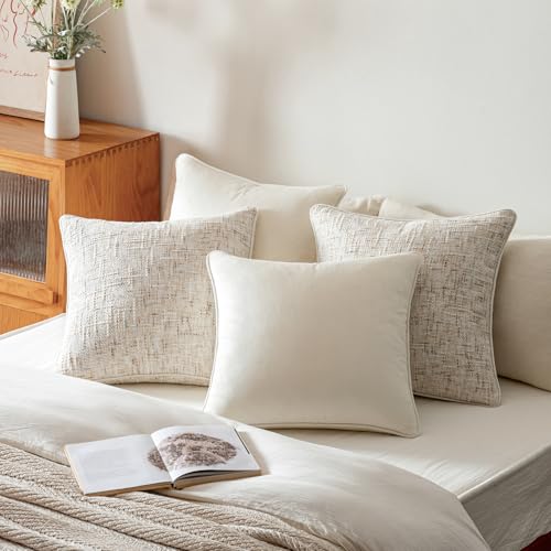 a moment Beige 4 Pack Throw Pillow Covers - Chenille & Velvet Set with Piping, Farmhouse Textured Design Cushion Cases for Couch Sofa Bed (20x20 Inch, No Insert) - color: Beige, size: 20" x 20" (Pack of 4)