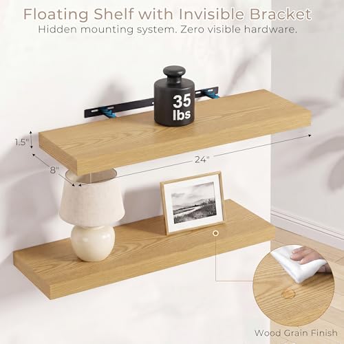 Vivelove Oak Floating Shelves 8 Inch Deep, 24" x 8", Set of 2 - color: Oak, size: 24"Wx8"Dx1.4"H