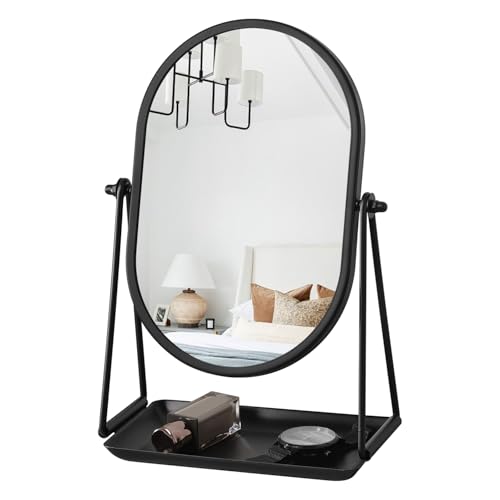 Black Metal Framed Oval Desk Table Mirror with Storage Tray - color: Oval-black