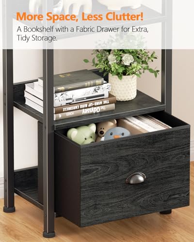 Furologee 6 Tier Bookshelf with Drawer, Tall Narrow Bookcase, Black Oak - color: Black Oak, size: 6 Tier