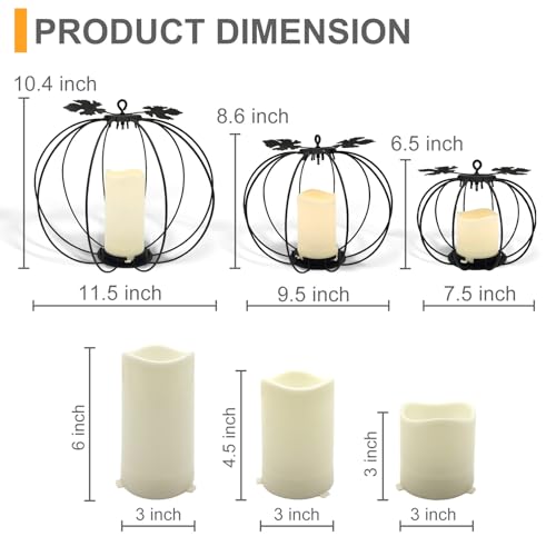 Halloween Light Up Pumpkin Lantern, 3 Pcs Metal Black Pumpkin Candle Holders with Timer Flickering Yellow LED Candle Lights for Thanksgiving Halloween Harvest Fall Home Decor