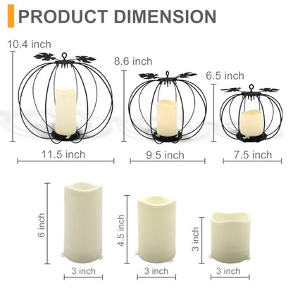 Halloween Light Up Pumpkin Lantern, 3 Pcs Metal Black Pumpkin Candle Holders with Timer Flickering Yellow LED Candle Lights for Thanksgiving Halloween Harvest Fall Home Decor