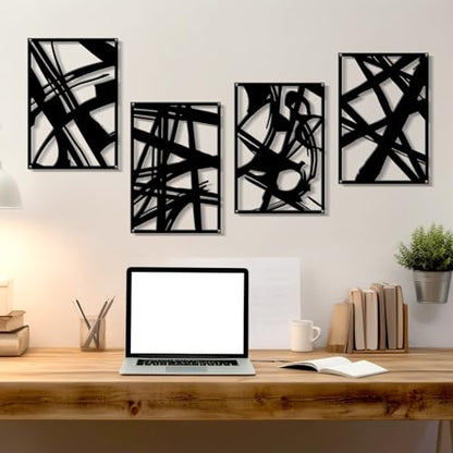 Zzbakress 4 Pieces Abstract Metal Wall Art, Minimalist Art Decoration, Paintings Wall Decor, 3D Structure Sculptures Decor for Living Room Bedroom Bathroom Office (Black style 1)
