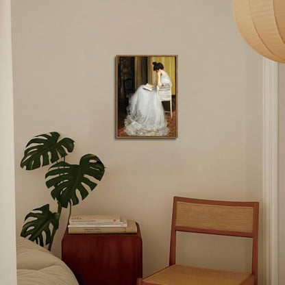Victorian Lady Reading Framed Canvas Wall Art 12x16 inch - color: White dress, size: 12"x16" Natural