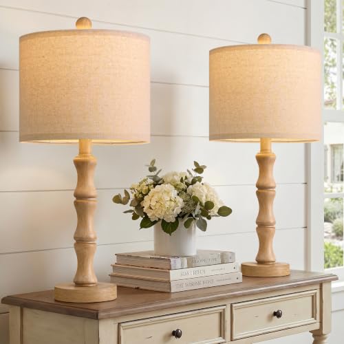 BOBOMOMO 20.5" Farmhouse Table Lamps Set of 2, Rustic Nightstand Lamps with Wood Grain Resin Base & Linen Shade, Small Bedside Lamps for Bedroom, Living Room, Apartment Side Table & Small Spaces - color: SMALL 20.5"-Burlywood Color