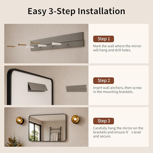 DeerValley Bathroom Mirror with Black Frame, Rounded Rectangle - color: Black, size: 36"L x 24"W