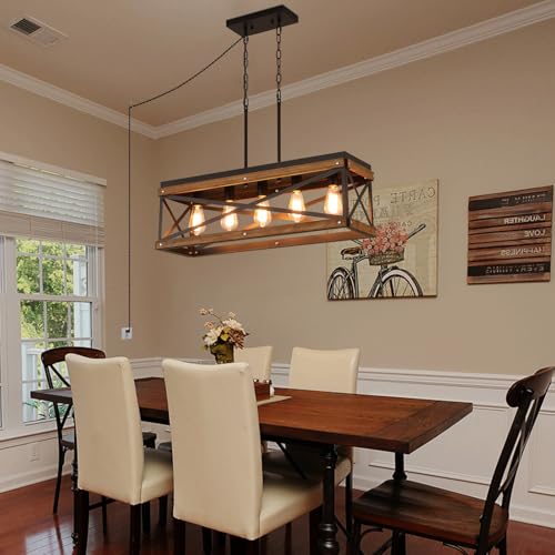 Rustic Farmhouse Plug in Kitchen Island Lighting, 5 Lights Rectangular Pendant Light Fixture with Adjustable Chain, Dimmable Switch, Oak Wood and Metal Linear Chandelier for Dining Room Home, Black - size: Large 5-Light Hanging Lamp