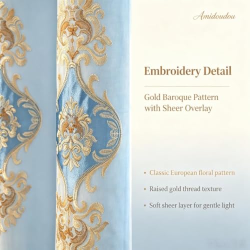 Amidoudou 1 Pair European Double Layer Curtains with Sheer Curtains for Living Room Bedroom Luxury Embroidered Blackout Curtains (Blue,52x84 Inch) - color: Blue, size: 52"W x 84"L (Pack of 2)