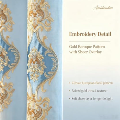 Amidoudou 1 Pair European Double Layer Curtains with Sheer Curtains for Living Room Bedroom Luxury Embroidered Blackout Curtains (Blue,52x84 Inch) - color: Blue, size: 52"W x 84"L (Pack of 2)