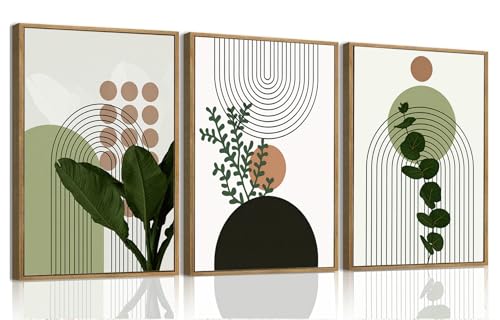 Boho Abstract Plant Framed Canvas Wall Art Set of 3, 16x24 inch - color: Boho Plant, size: 16"x24"Natural
