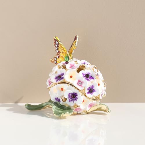 Decorative Floral Jewelry Box with Butterfly, Enamel Hydrangea Design, Purple and White Flowers, Trinket Box Storage