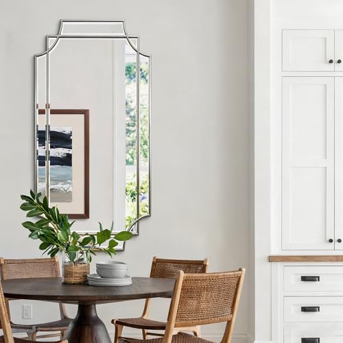 47"x24" Large Rectangle Beveled Mirror with Silver Geometric Frame - color: Silver, size: 47"L x 24"W