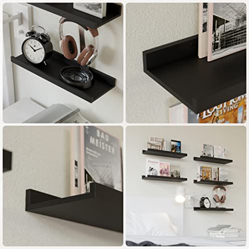 RICHER HOUSE 5-Set Floating Shelves with Lip, Black Wall Mounted Wood Shelf - color: Black, size: 16in