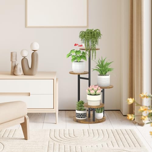 Oppro Plant Stand Indoor, 5 Tier Metal Wood Flower Multiple Shelf - color: Black-5 Tier