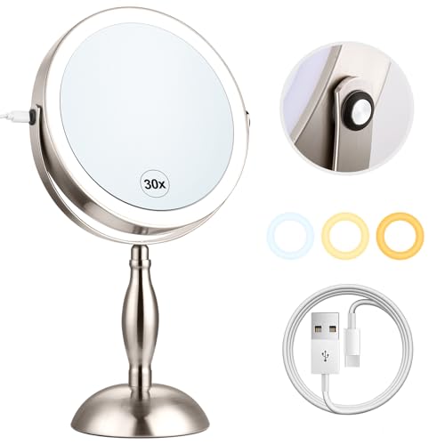 Makeup Mirror with Light - Brushed Nickel, 30x Makeup Mirror with 3 Colors - color: Brushed Nickel