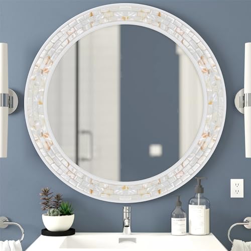 30 Inch Round Wall Mirror with White Frame for Bathroom Bedroom - size: 30"L x 30"W