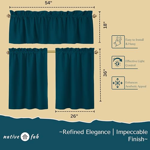 Native Fab 3 Piece Window Curtain Tiers 26"x36" and Valance 54"x18" Set - Rod Pocket - Semi Sheer - Short Curtain for Kitchen, Cafe, Living Room - Teal Green - color: Teal