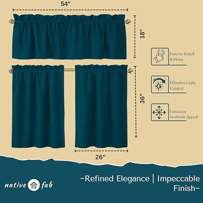 Native Fab 3 Piece Window Curtain Tiers 26"x36" and Valance 54"x18" Set - Rod Pocket - Semi Sheer - Short Curtain for Kitchen, Cafe, Living Room - Teal Green - color: Teal