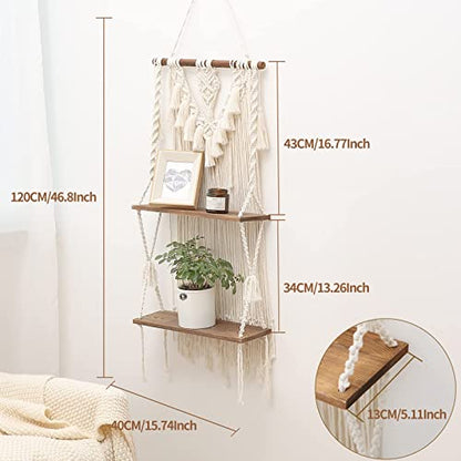 2-Tier Macrame Wall Hanging Shelf & Boho Decor, Wooden Floating Shelves - size: Large
