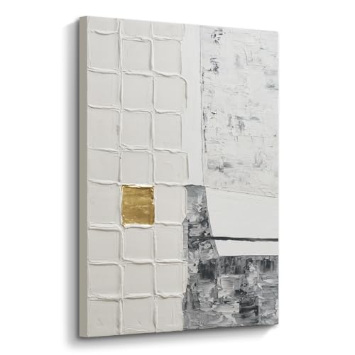 Modern Textured Abstract Blocks Wall Art, Gray White Oil Painting Artwork - color: White and Gray, size: 24"L x 36"W