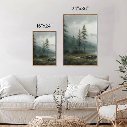 SIGNINART Large Green Forest Framed Canvas Wall Art Set, Misty Mountain Lake Wall Decor, Modern Foggy Wood Landscape Artwork, Nature Oil Painting Art Print for Living Room, Bedroom, Office 24"x36"x3 - color: Green, size: 36"L x 24"W