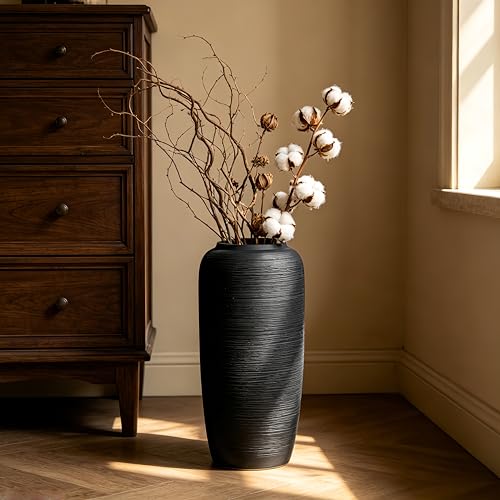 Black Rustic Ceramic Floor Vase, 15.7 Inch, Ribbed Texture - size: 15.7 Inch