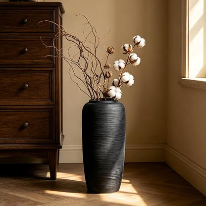 Black Rustic Ceramic Floor Vase, 15.7 Inch, Ribbed Texture - size: 15.7 Inch