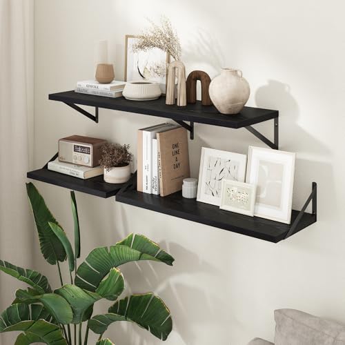 Axeman Deep Floating Shelves - 20 Inch Black Floating Shelves Set of 2-12 Inch Deep Wood Wall Shelves for Living Room Bathroom Kitchen - color: Black, size: 20W x 12D