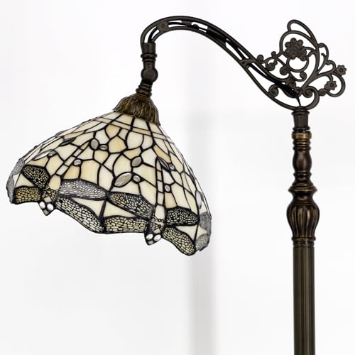 WERFACTORY Tiffany Floor Lamp Cream Stained Glass Dragonfly Arched Lamp