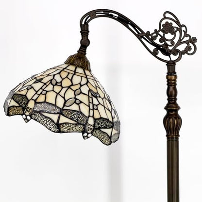 WERFACTORY Tiffany Floor Lamp Cream Stained Glass Dragonfly Arched Lamp
