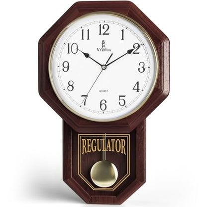 Pendulum Wall Clock, Real Wood Regulator Clock, Quiet, Non-Chiming, Wooden - color: Dark Wood