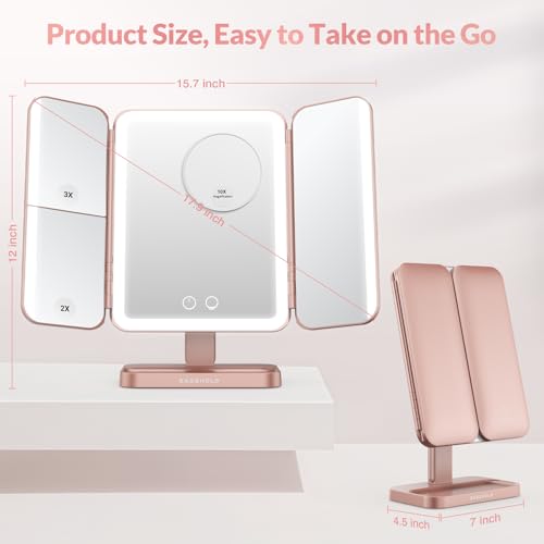 EASEHOLD Trifold Lighted Makeup Vanity Mirror with Lights and Magnification - color: Rose Gold - Rechargeable-5000 Mah-3 Sides Light